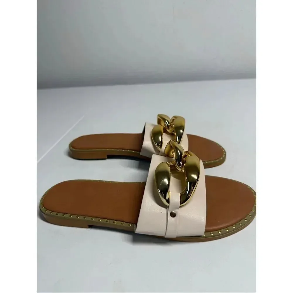 Women's Faux Leather Flat Slippers Metallic Plastic Chains Sandals Sz 38EU/8US